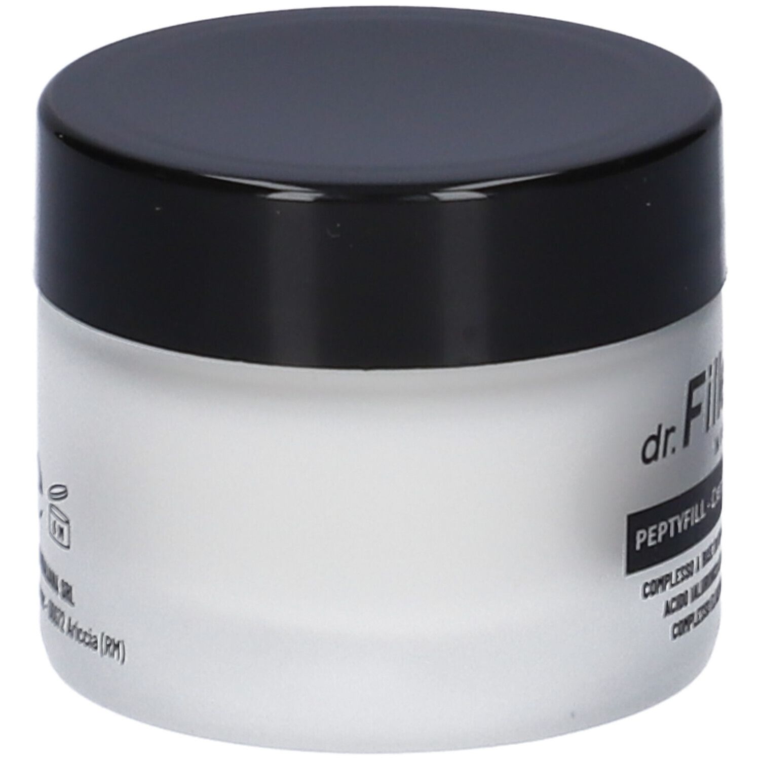 Vaso di crema con coperchio nero. Scritta: Peptyfill. Testo in italiano. Simboli sul lato.