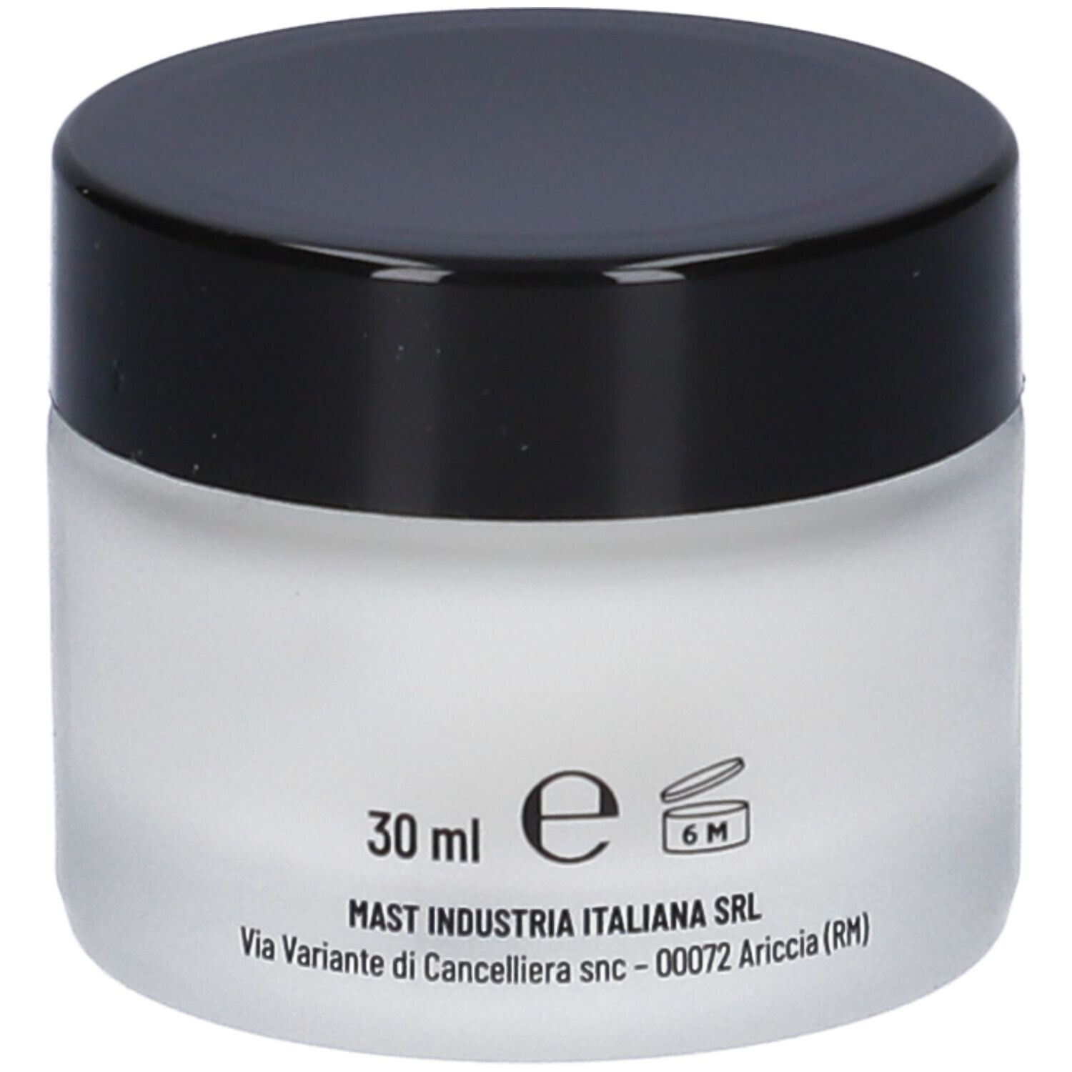 Vaso di crema con coperchio nero. Scritta: 30 ml, simbolo e, 6M. Testo in italiano. Indirizzo del produttore.