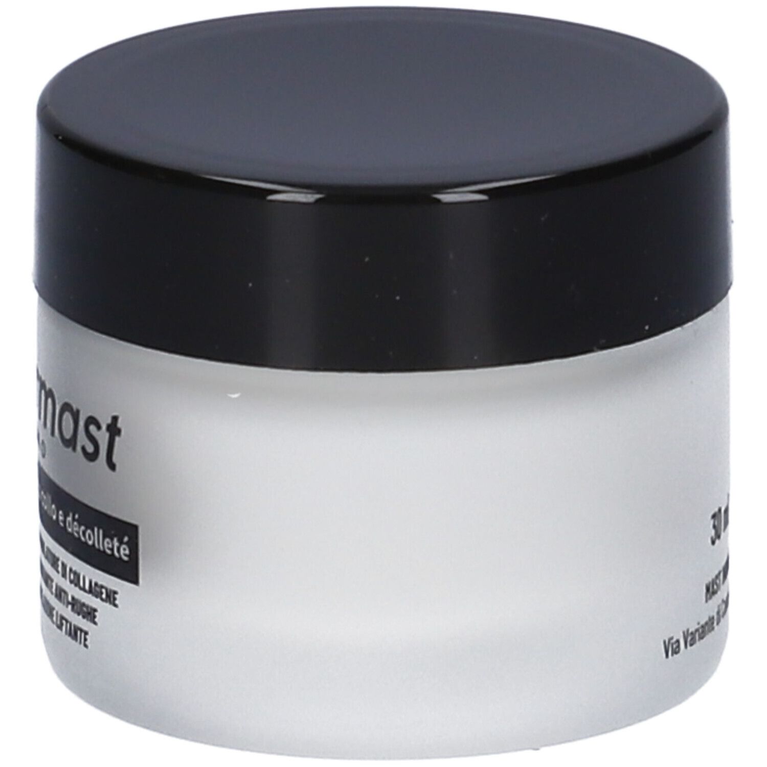 Vaso di crema con coperchio nero. Scritta: Peptyfill. Testo in italiano. Indirizzo del produttore.