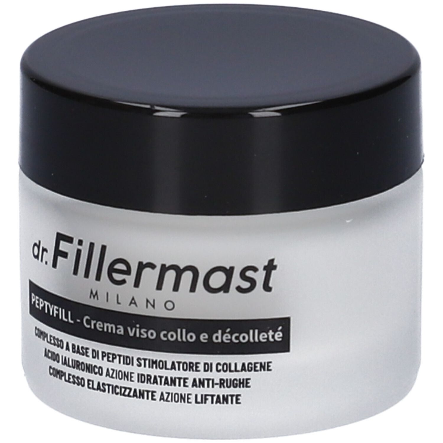 Vaso di crema con coperchio nero. Scritta: dr. Fillermast, Peptyfill Crema Viso Collo e Décolleté. Testo in italiano.