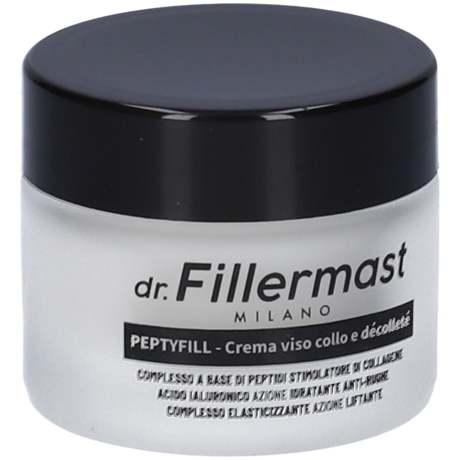 Vaso di crema con coperchio nero. Scritta: dr. Fillermast, Peptyfill Crema Viso Collo e Décolleté. Testo in italiano.