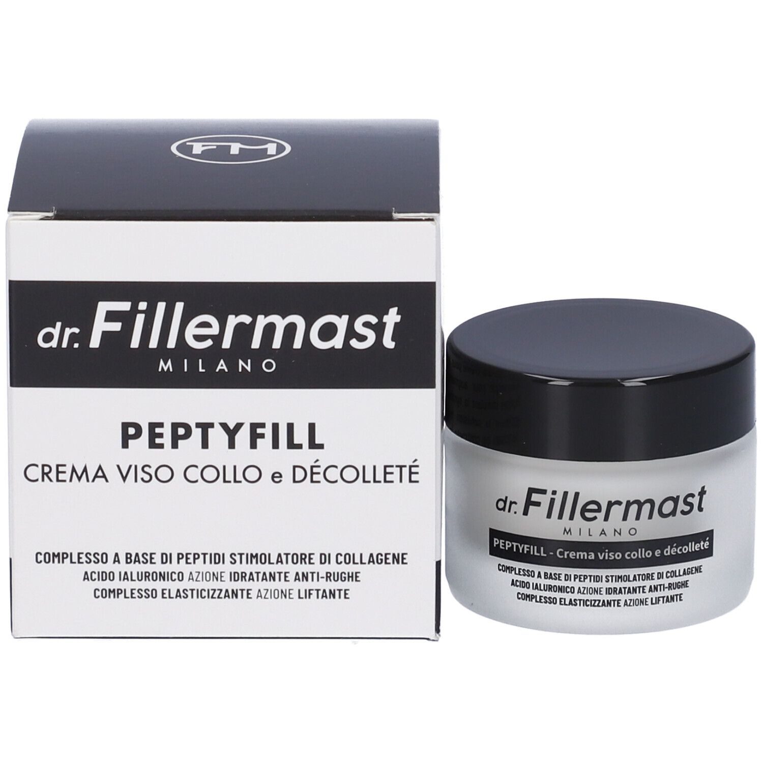 Confezione del prodotto con vaso di crema e scatola. Scritta: dr. Fillermast, Peptyfill Crema Viso Collo e Décolleté. Testo in italiano.