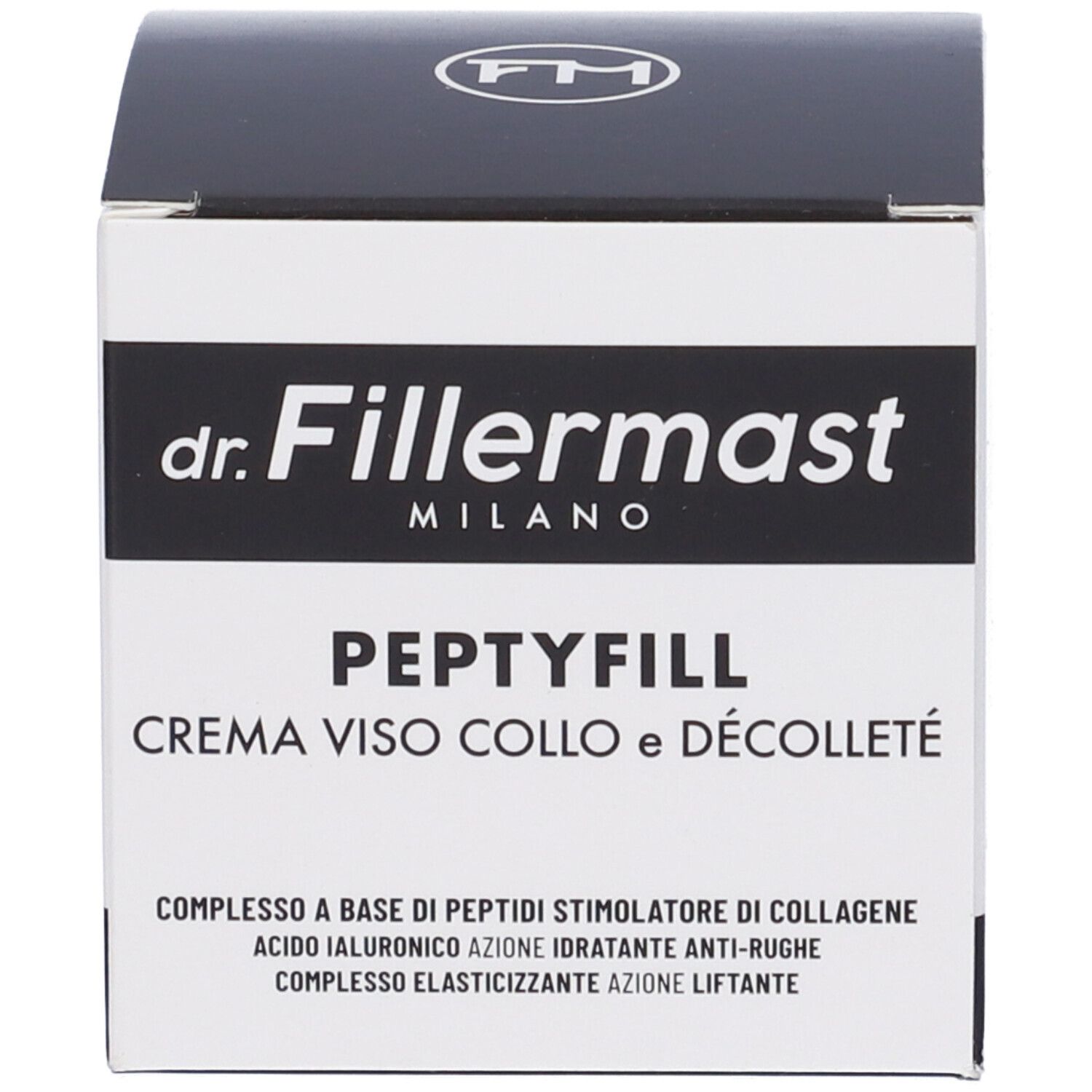 Confezione del prodotto. Scritta: dr. Fillermast, Peptyfill Crema Viso Collo e Décolleté. Testo in italiano.
