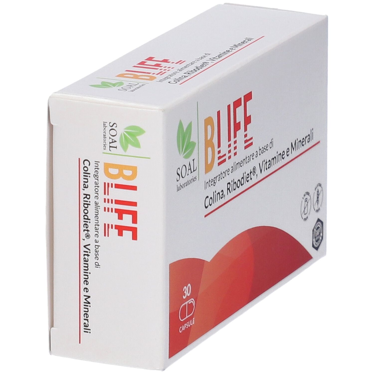 Confezione Blife inclinata, 30 capsule. Contiene Colina, Ribodiet, Vitamine e Minerali. Senza glutine e lattosio.