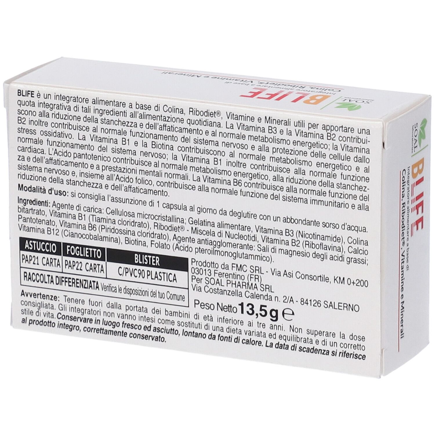 Retro della confezione Blife. Testo con ingredienti e istruzioni per l'uso. Peso: 13,5g.