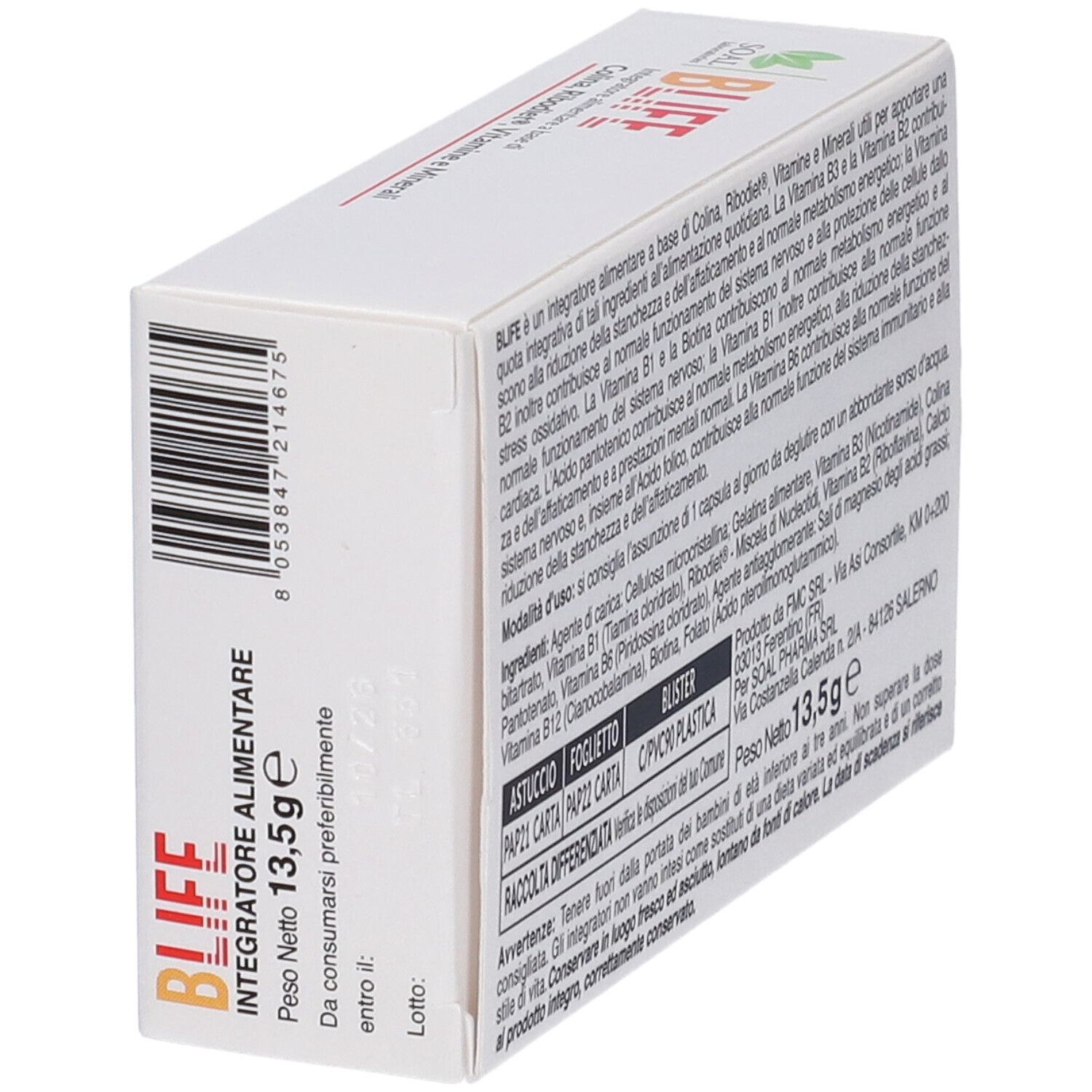 Vista obliqua della confezione Blife. Peso: 13,5g. Da consumarsi preferibilmente entro... Testo.