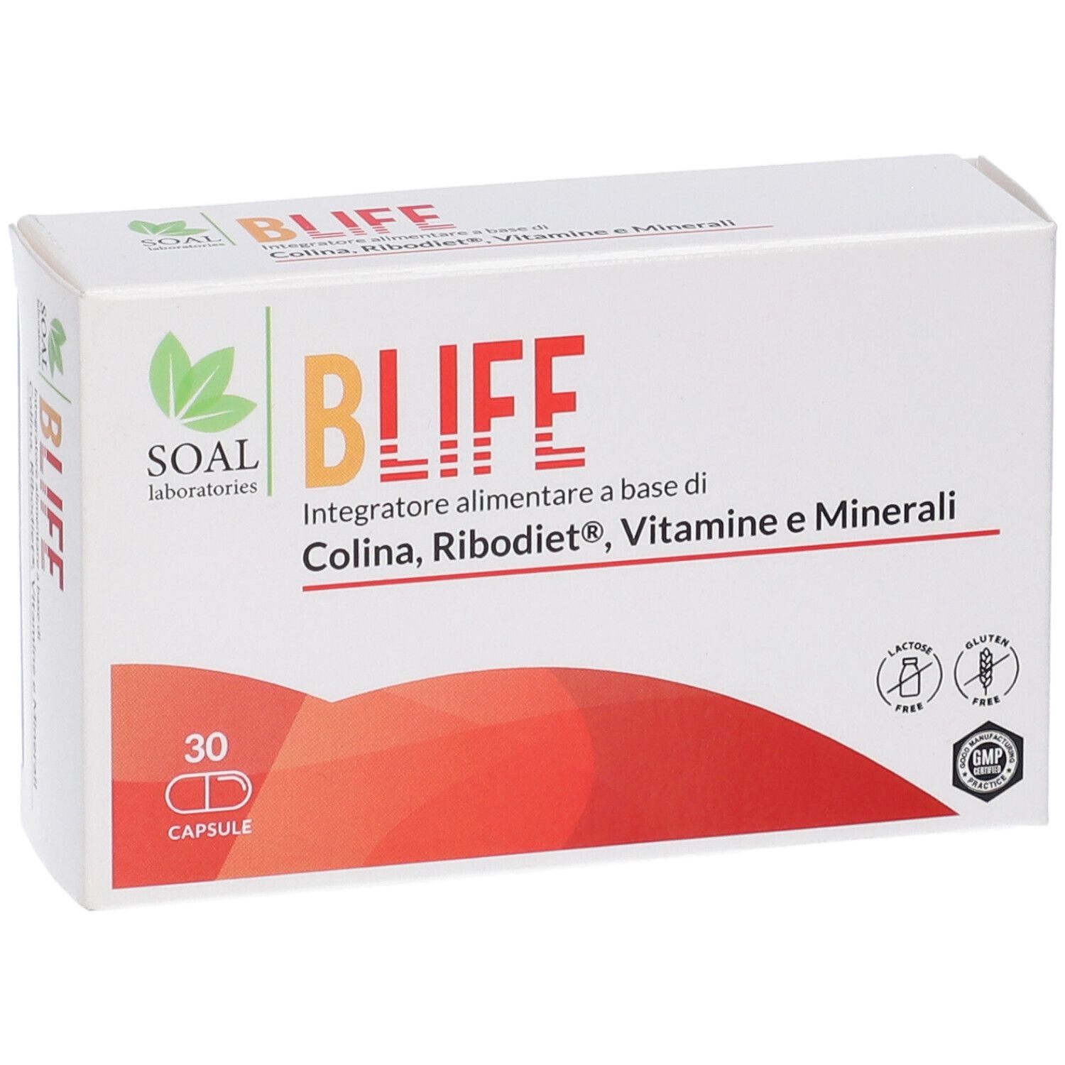 Confezione Blife da 30 capsule. Contiene Colina, Ribodiet, Vitamine e Minerali. Senza glutine e lattosio.