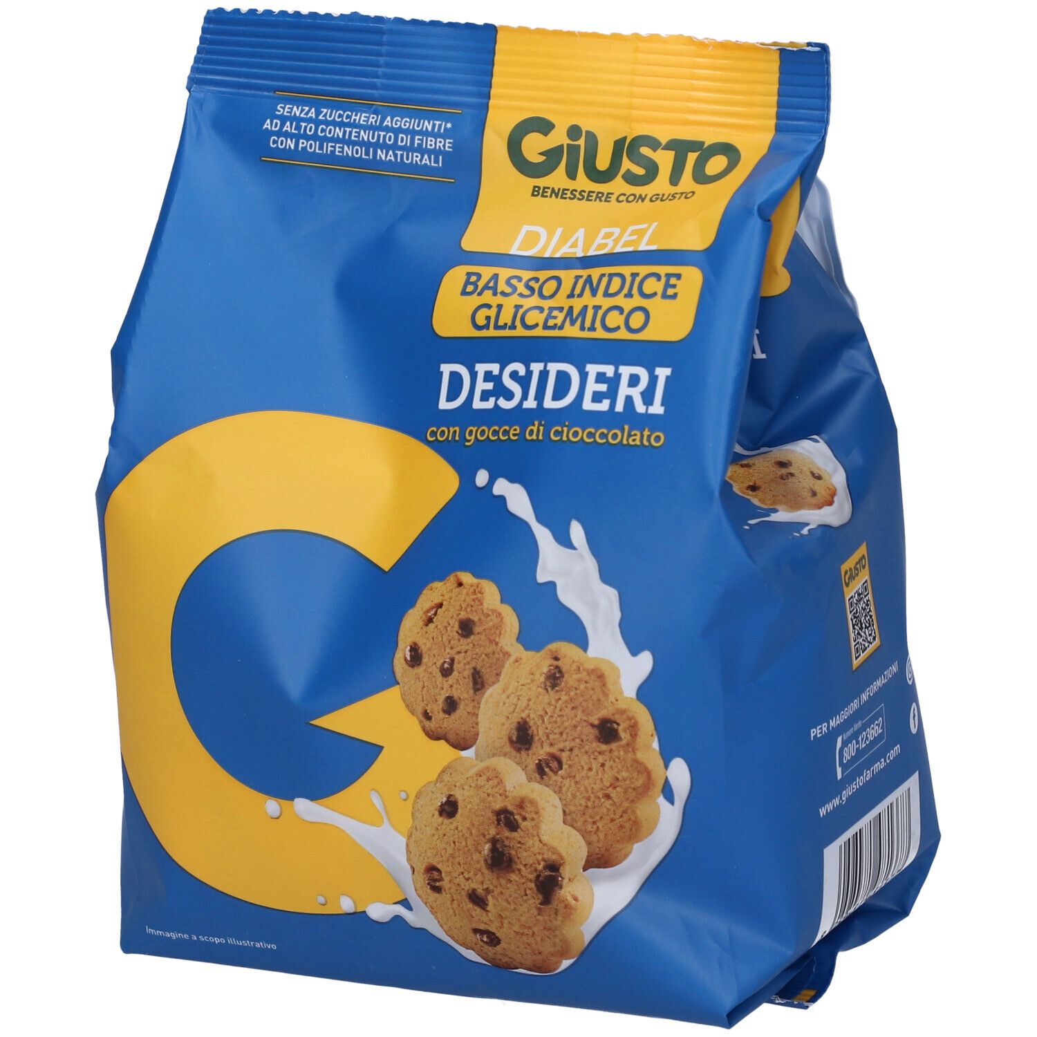 Confezione blu con biscotti con gocce di cioccolato. Scritta: Giusto Diabel Basso Indice Glicemico Desideri. Logo giallo.
