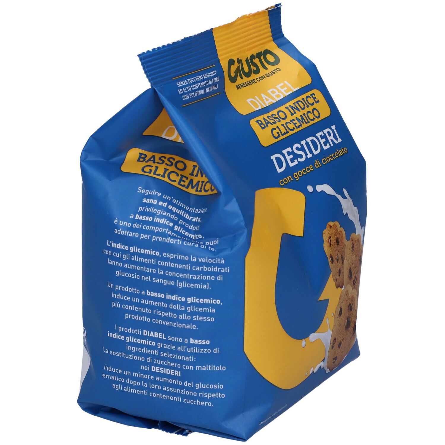 Confezione blu piegata, con biscotti con gocce di cioccolato. Scritta: Giusto Diabel Basso Indice Glicemico Desideri. Logo giallo.
