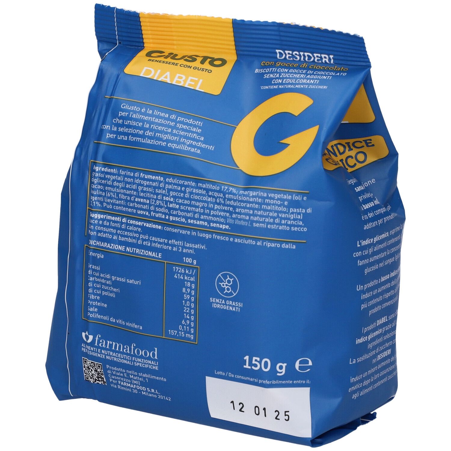 Retro della confezione blu con informazioni nutrizionali e ingredienti. Scritta: Giusto Diabel Desideri. 150 g.