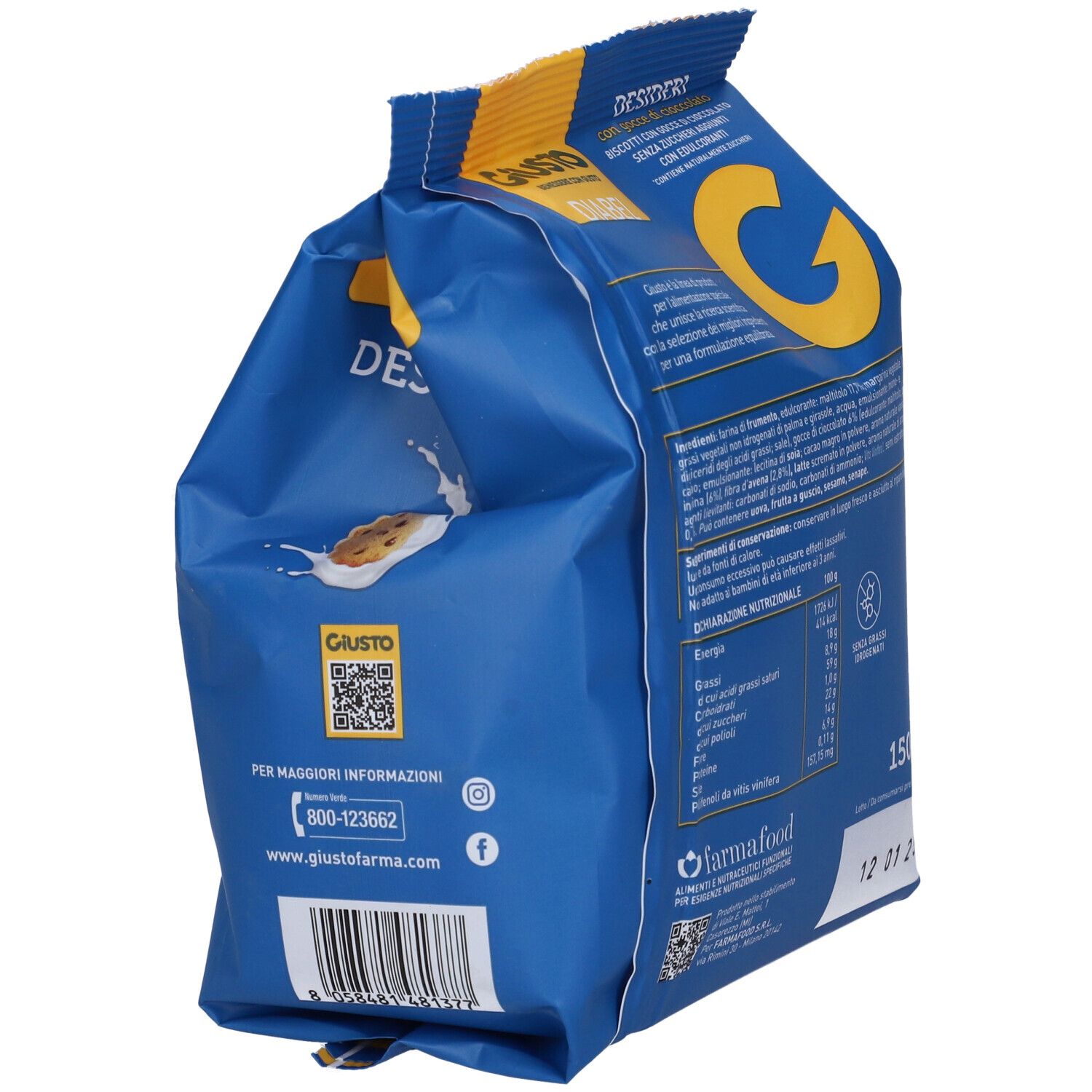 Retro della confezione blu con logo e codice QR. Scritta: Giusto Diabel Desideri. 150 g.