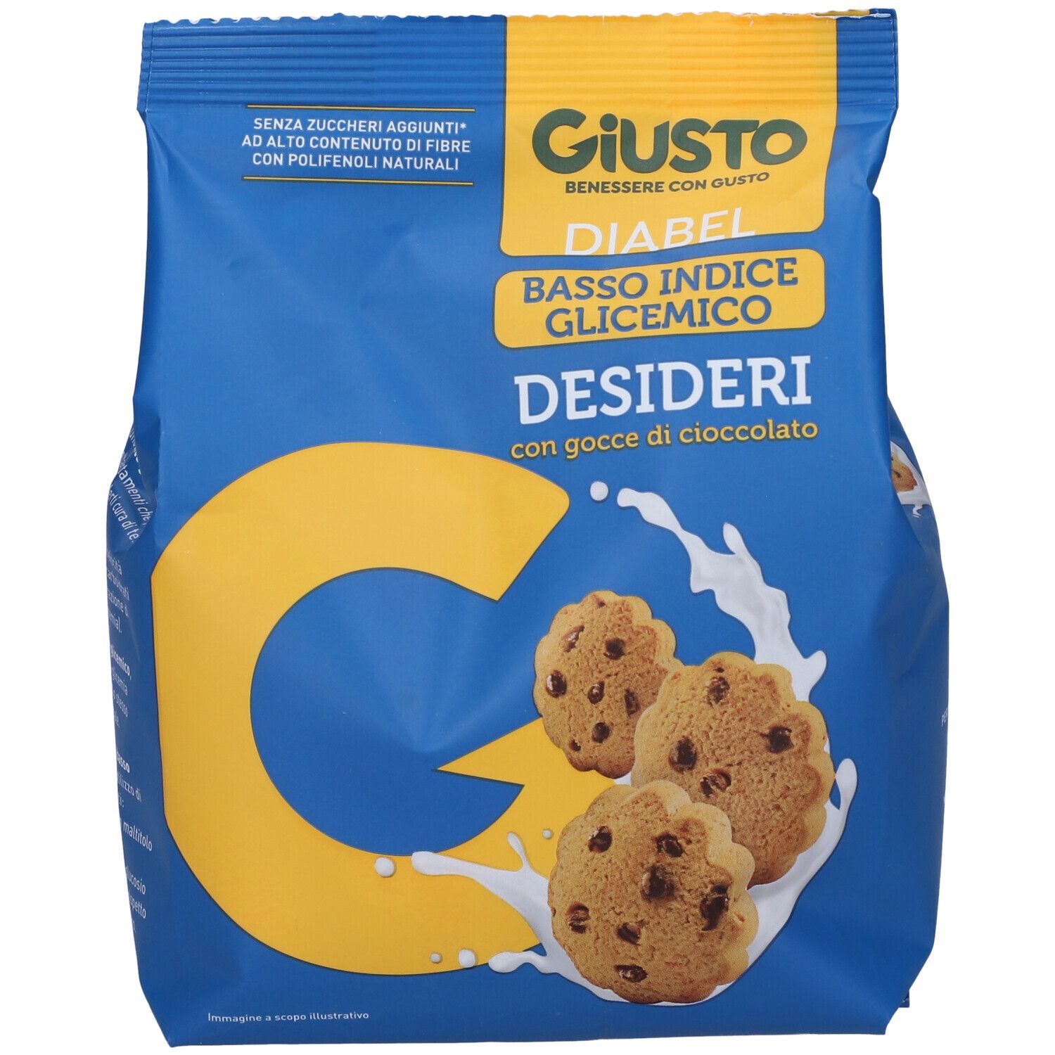 Confezione blu con biscotti con gocce di cioccolato. Scritta: Giusto Diabel Basso Indice Glicemico Desideri. Logo giallo.