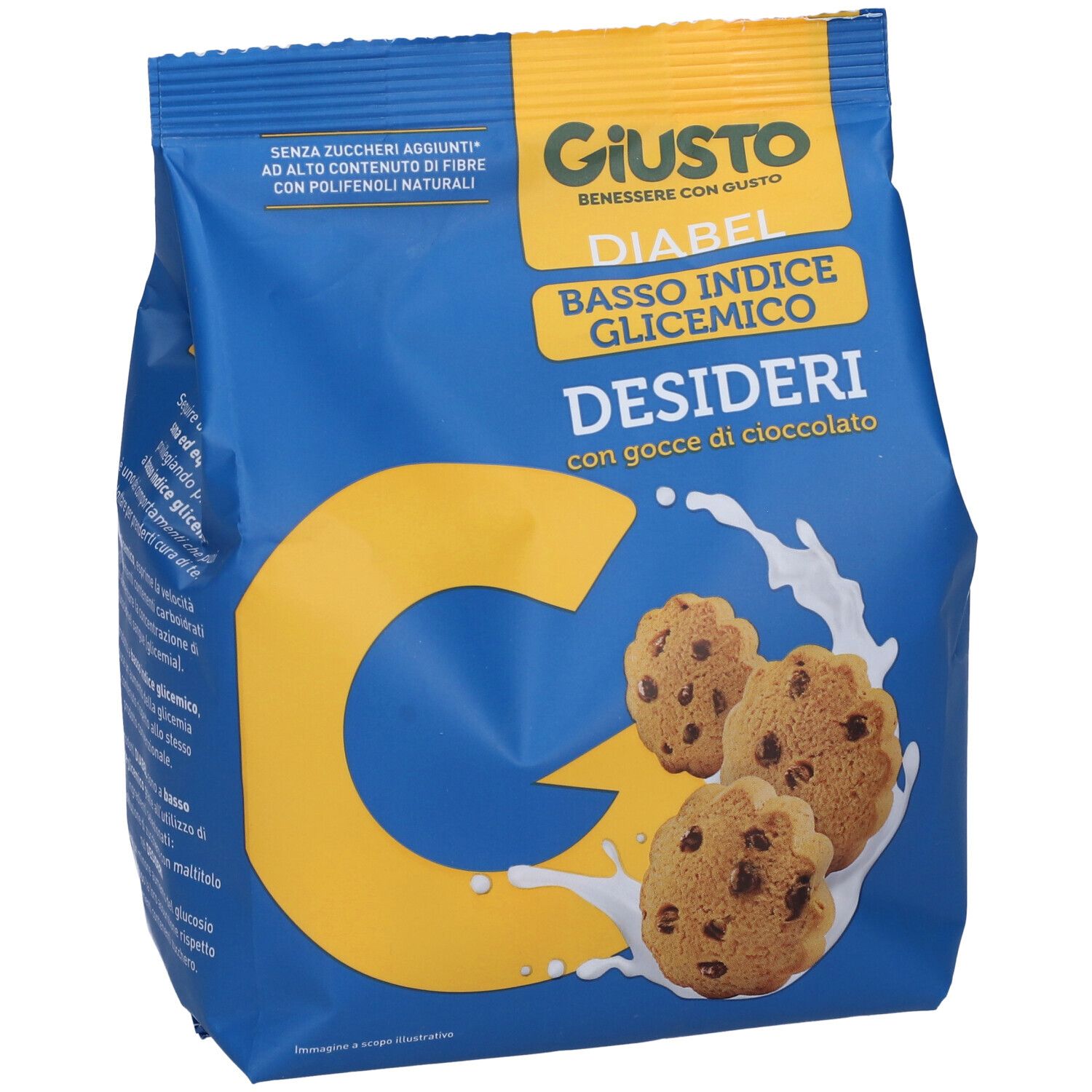 Confezione blu con biscotti con gocce di cioccolato. Scritta: Giusto Diabel Basso Indice Glicemico Desideri. Logo giallo.