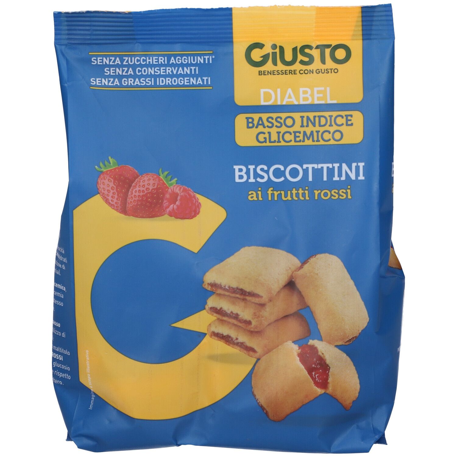 Confezione Giusto Diabel Biscottini Frutti Rossi. Confezione blu, nome prodotto, illustrazione fragole e biscotti.