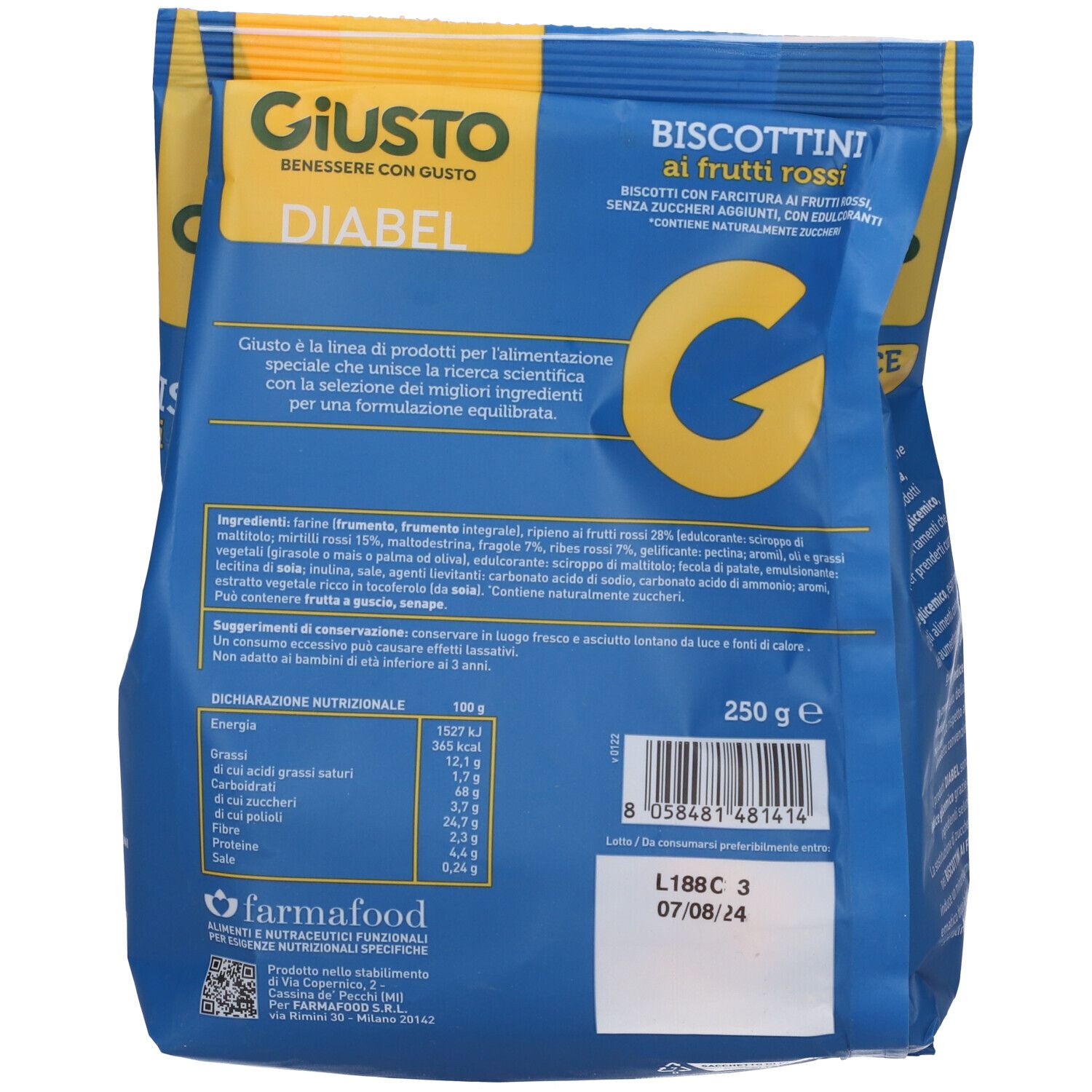 Retro confezione Giusto Diabel Biscottini Frutti Rossi. Confezione blu, lista ingredienti, valori nutrizionali, 250g.