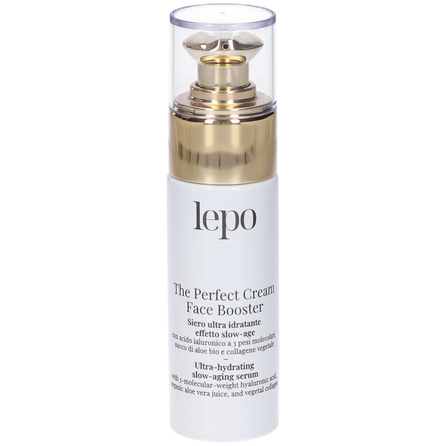 Siero booster viso. Flacone bianco con tappo dorato. Nome del prodotto e testo visibili.