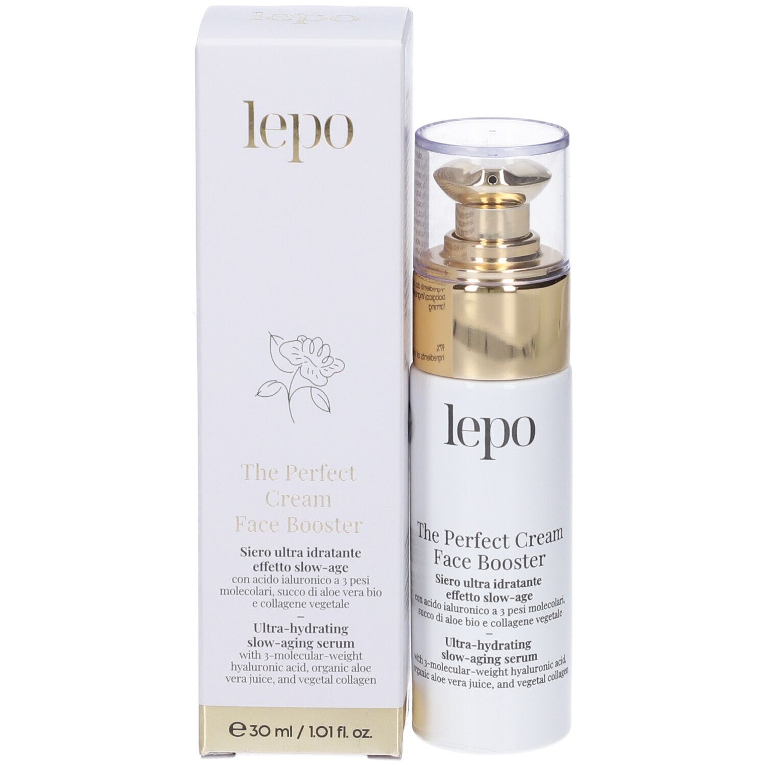 Siero booster viso e confezione. Flacone bianco con tappo dorato. Confezione con nome del prodotto.