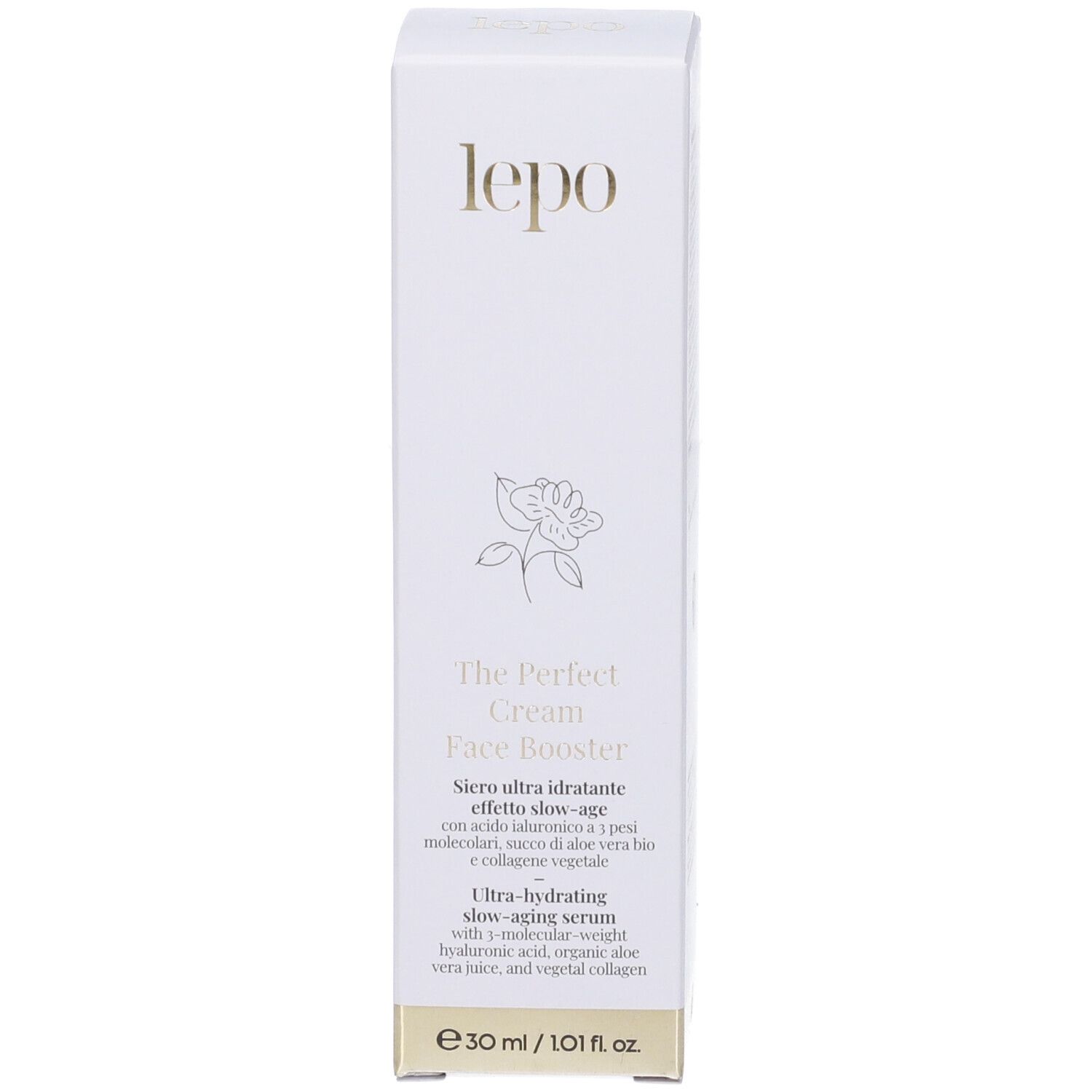 Confezione per siero booster viso. Bianca con scritta e logo dorati. Nome del prodotto e testo visibili.