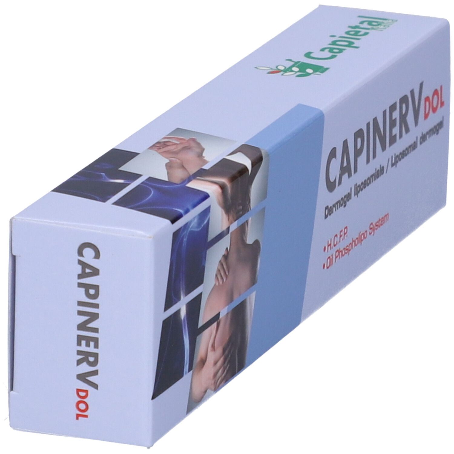Scatola bianca inclinata con CAPINERV DOL. Scritte: Dermogel liposomiale, H.C.F.P., Oil Phospholipo System. Immagine di un corpo.