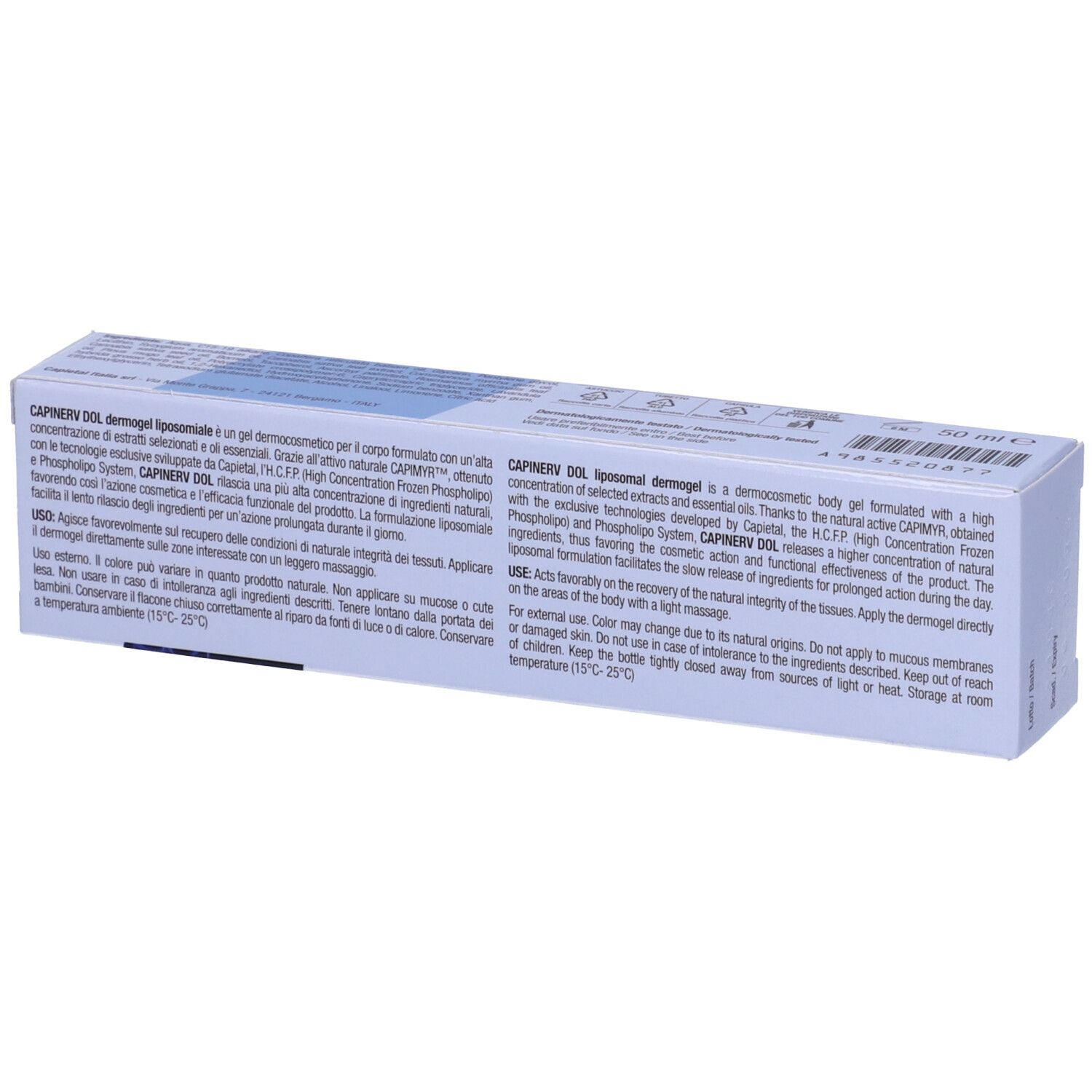 Confezione del prodotto con testo. Scritta: CAPINERV DOL Dermogel liposomiale. Testo in italiano. Contiene informazioni sul prodotto.