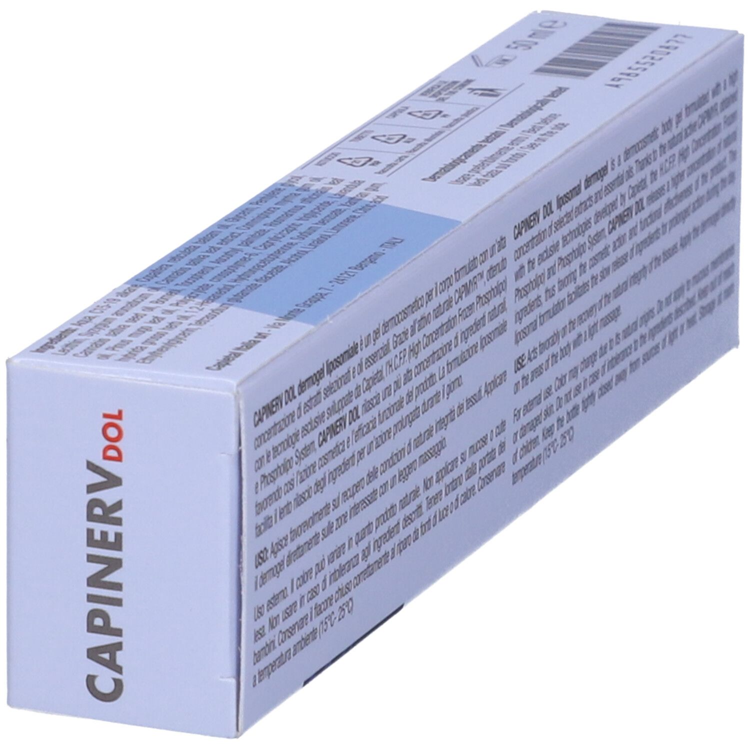 Confezione del prodotto inclinata con testo. Scritta: CAPINERV DOL Dermogel liposomiale. Testo in italiano.