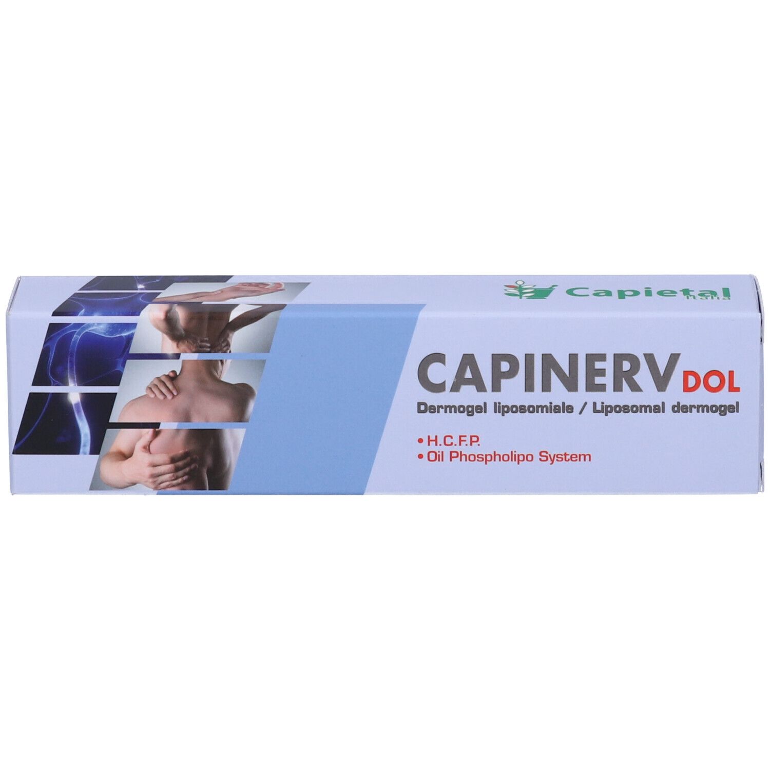Scatola bianca con CAPINERV DOL. Scritte: Dermogel liposomiale, H.C.F.P., Oil Phospholipo System. Immagine di un corpo.