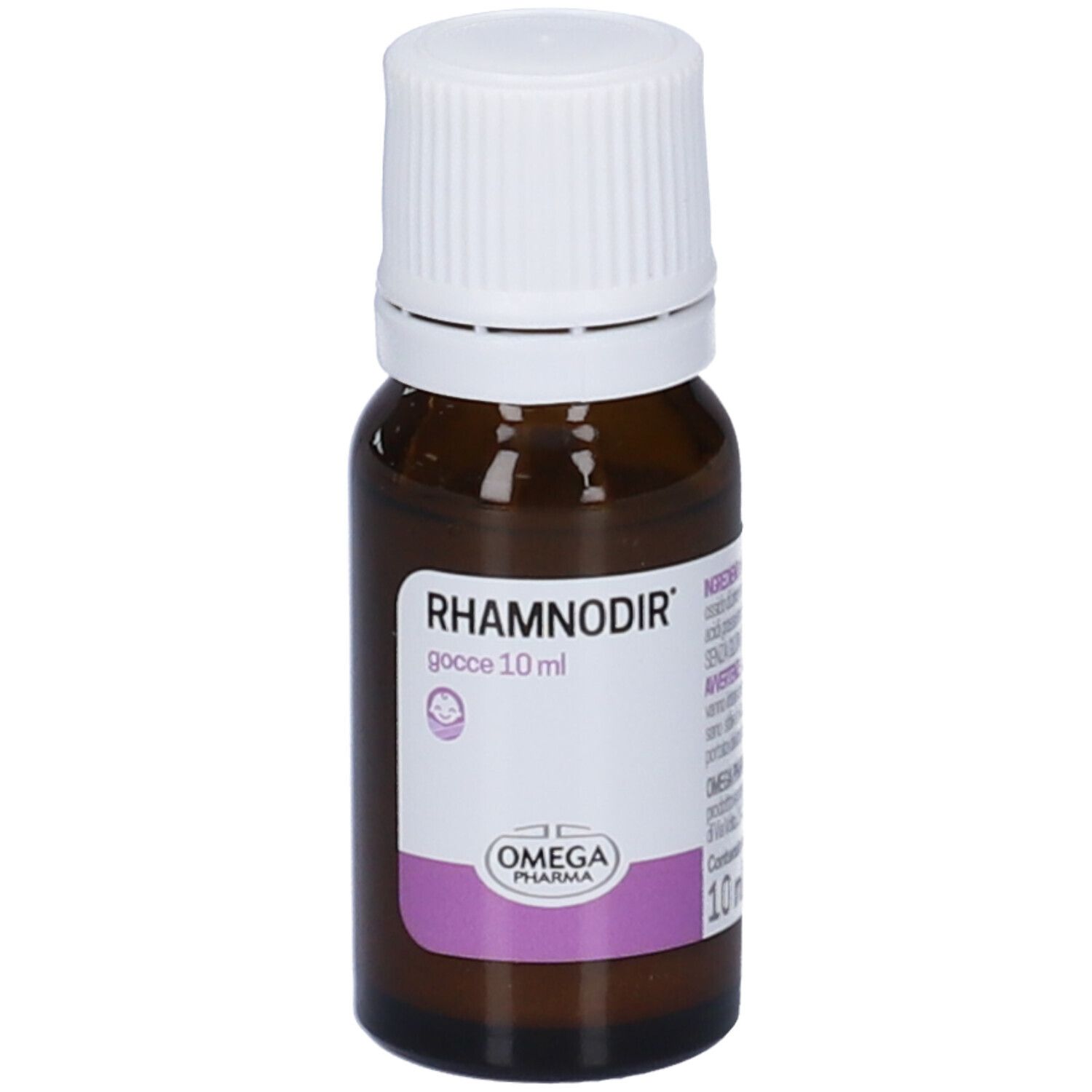Flacone di vetro marrone con tappo bianco. Etichetta con nome del prodotto e logo. 10 ml.