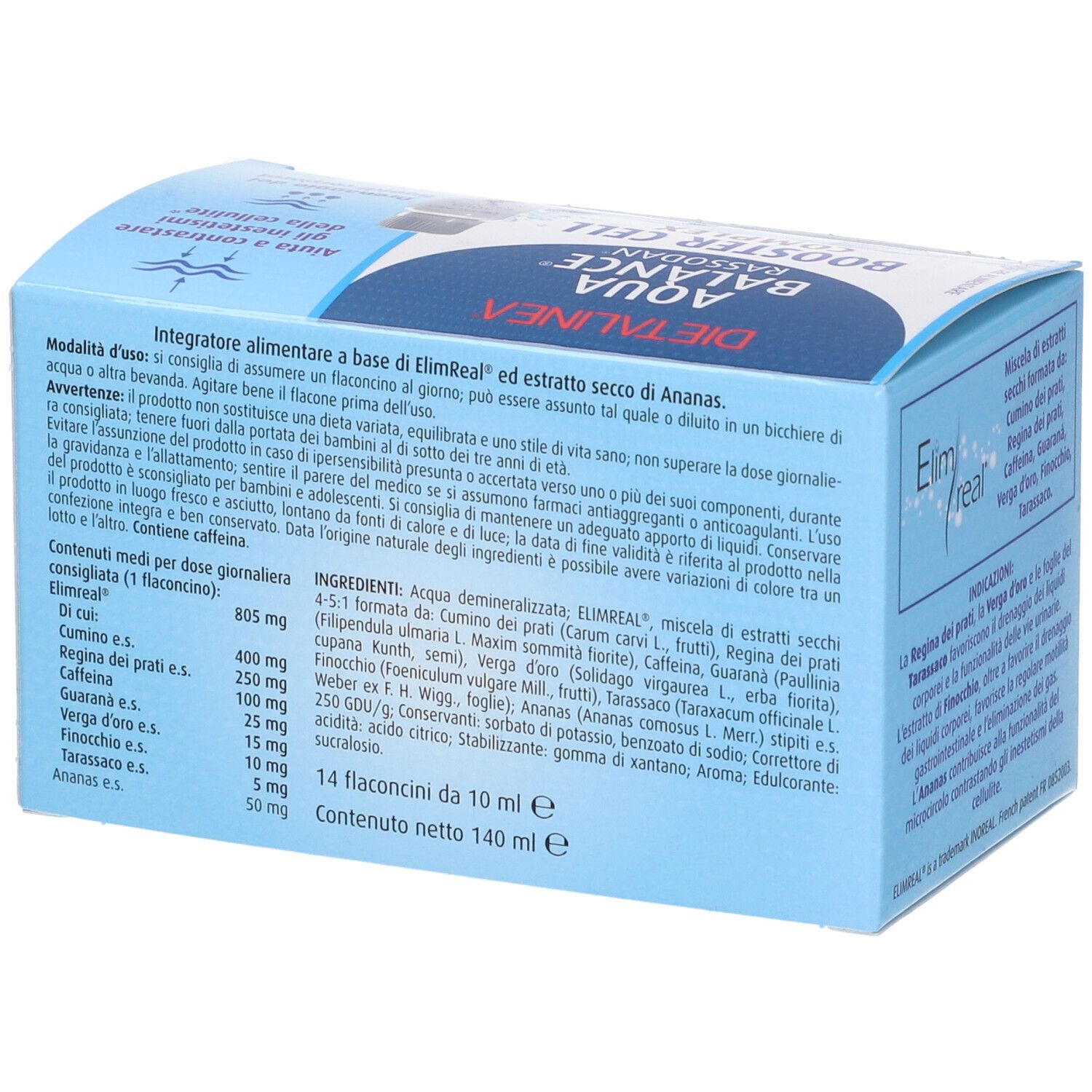 Scatola blu, retro. Testo: Aqua Balance Booster Cell Complex. Ingredienti e informazioni nutrizionali.