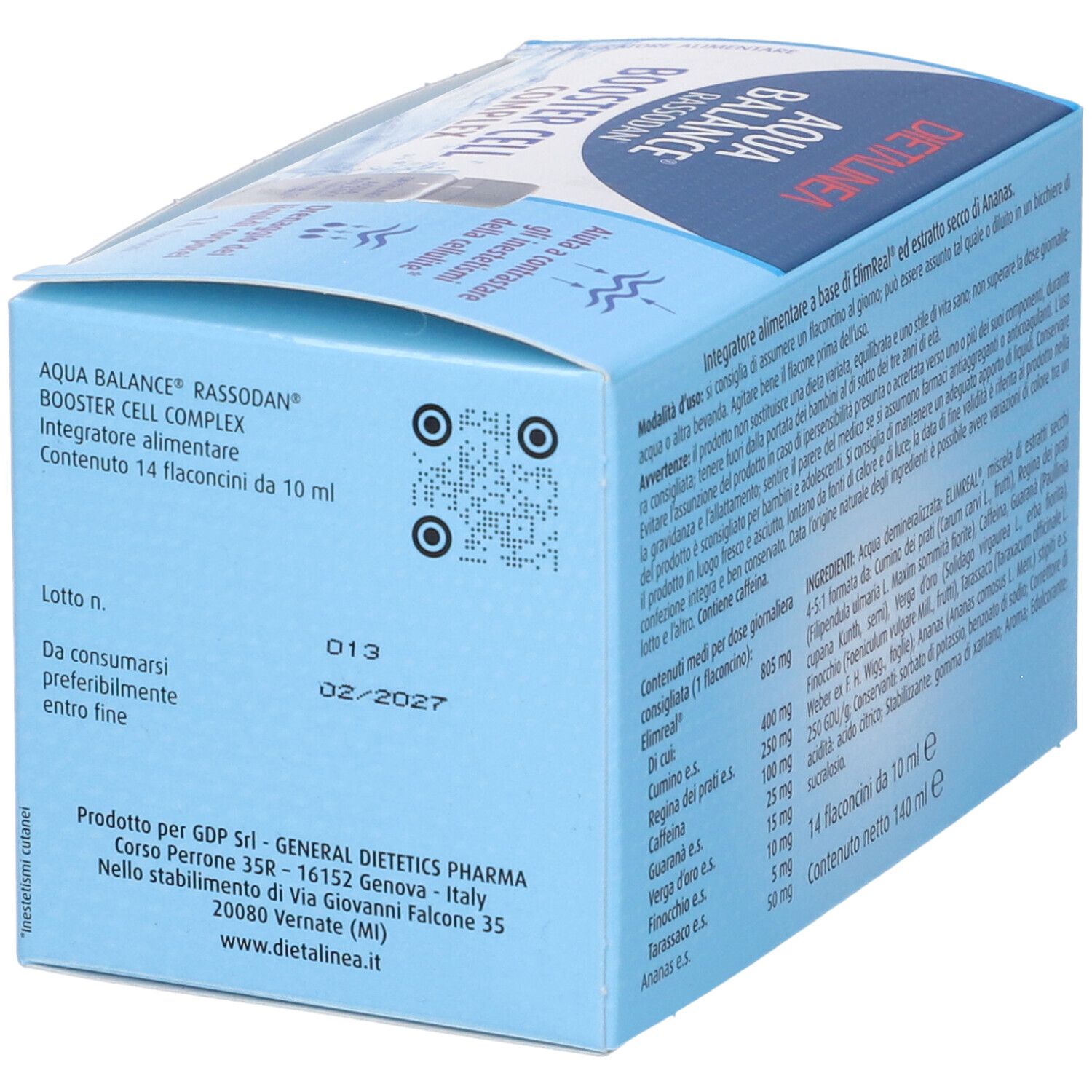 Scatola blu, vista obliqua. Testo: Aqua Balance Booster Cell Complex. Scadenza e produttore.