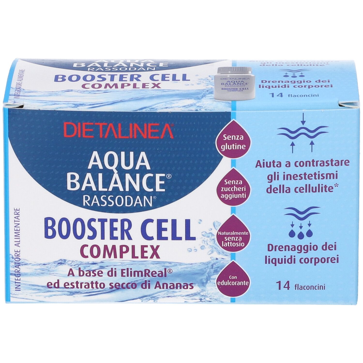Scatola blu con nome e logo del prodotto. Contiene 14 flaconcini. Testo: Aqua Balance Booster Cell Complex.