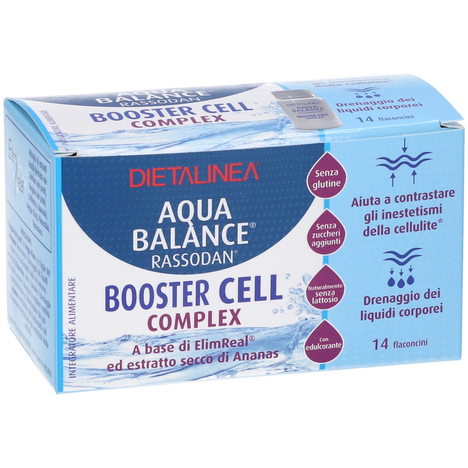 Scatola blu con nome e logo del prodotto. Contiene 14 flaconcini. Testo: Aqua Balance Booster Cell Complex.