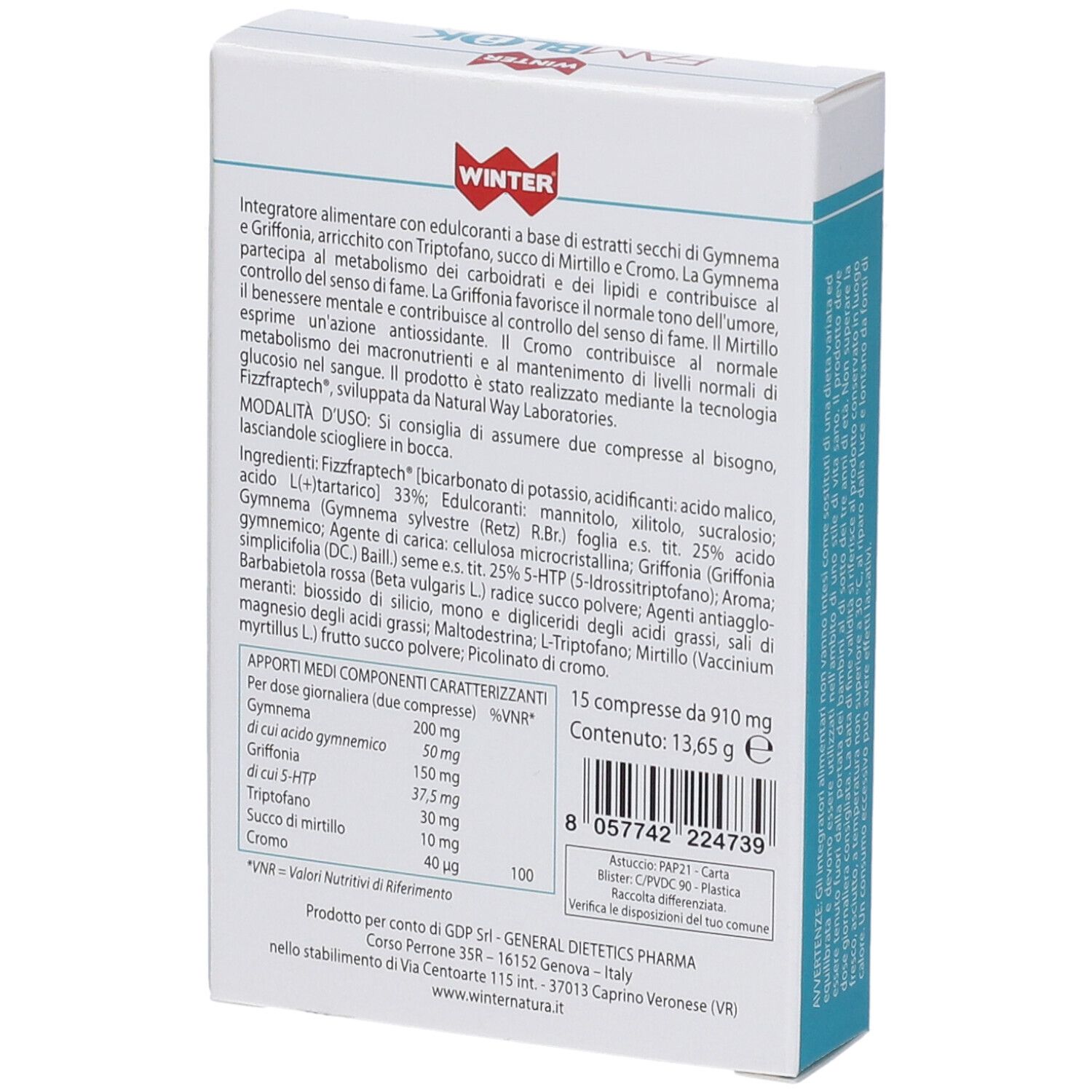 Retro della scatola WINTER FAMBLOK. Contiene informazioni sugli ingredienti e i valori nutrizionali.