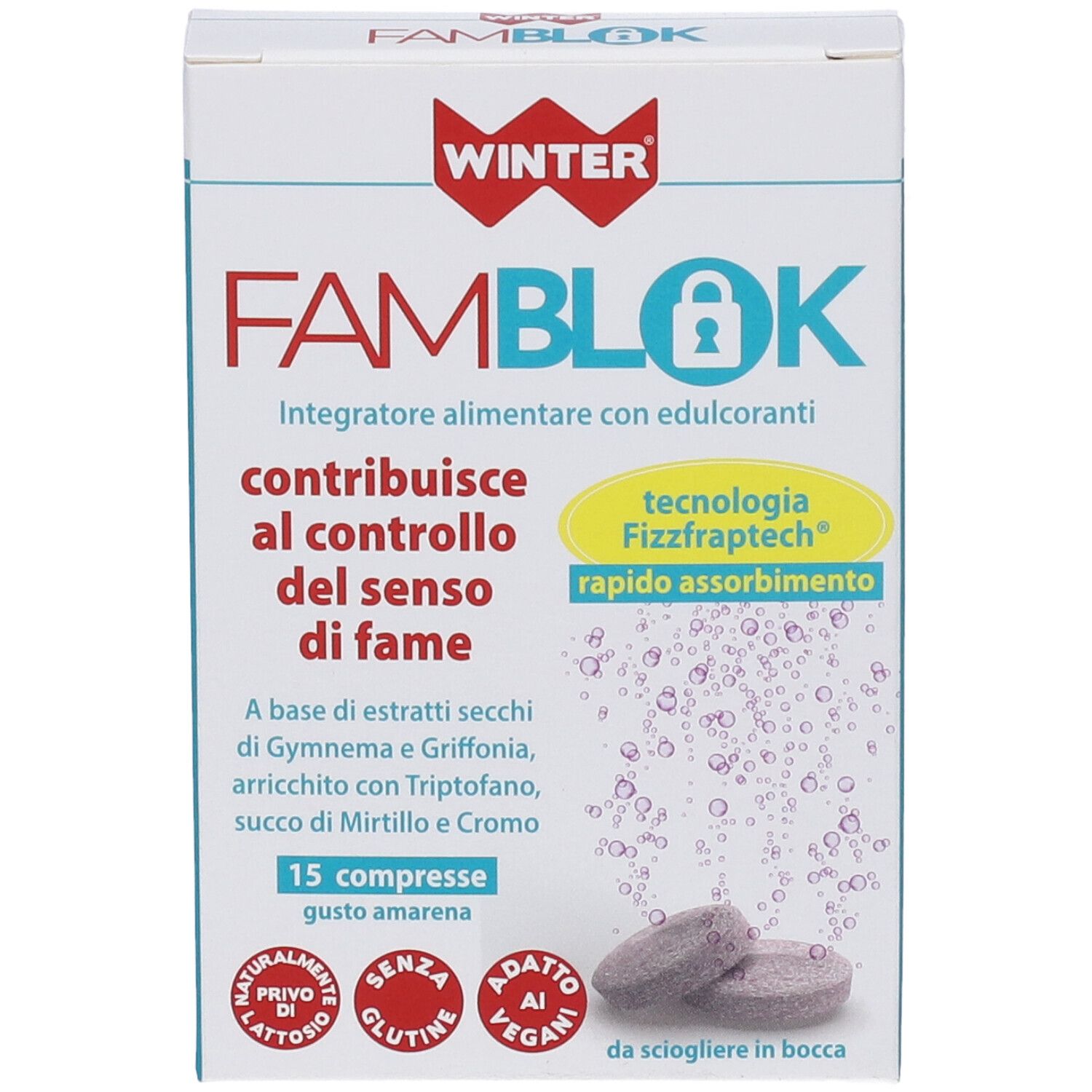 Scatola bianca WINTER FAMBLOK con 2 compresse. Testo: 'contribuisce al controllo del senso di fame'.