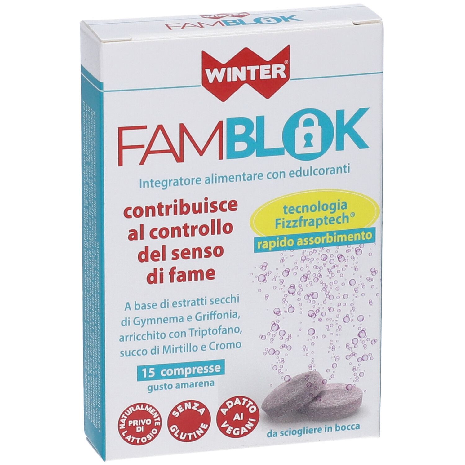 Scatola bianca WINTER FAMBLOK con 2 compresse. Testo: 'contribuisce al controllo del senso di fame'.