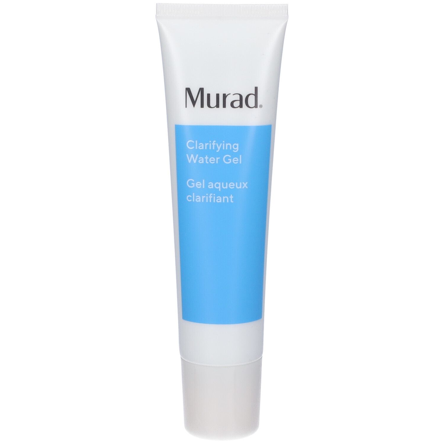Tubo bianco con banda blu. Scritta: Murad, Clarifying Water Gel. Gel per il viso.