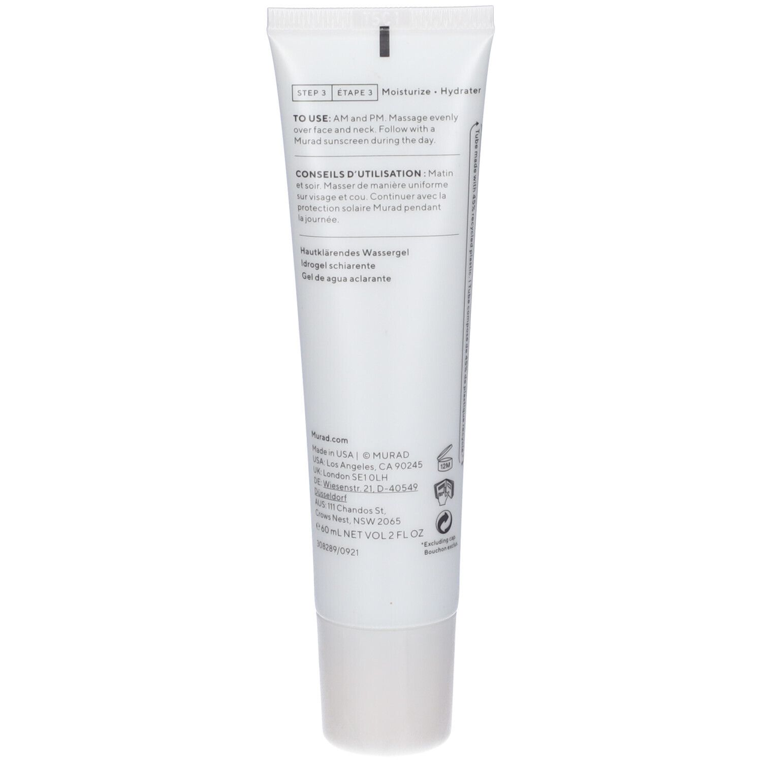 Retro del tubo. Testo multilingue. Nome del prodotto, istruzioni per l'uso.