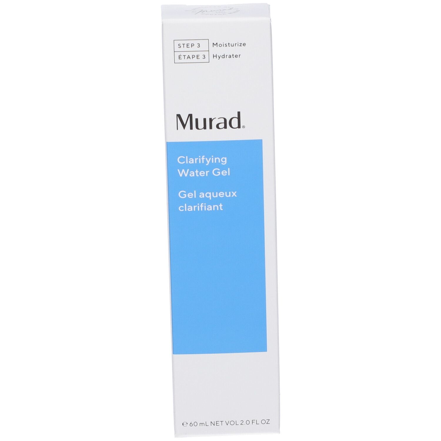 Confezione del prodotto. Bianca con banda blu. Scritta: Murad, Clarifying Water Gel.