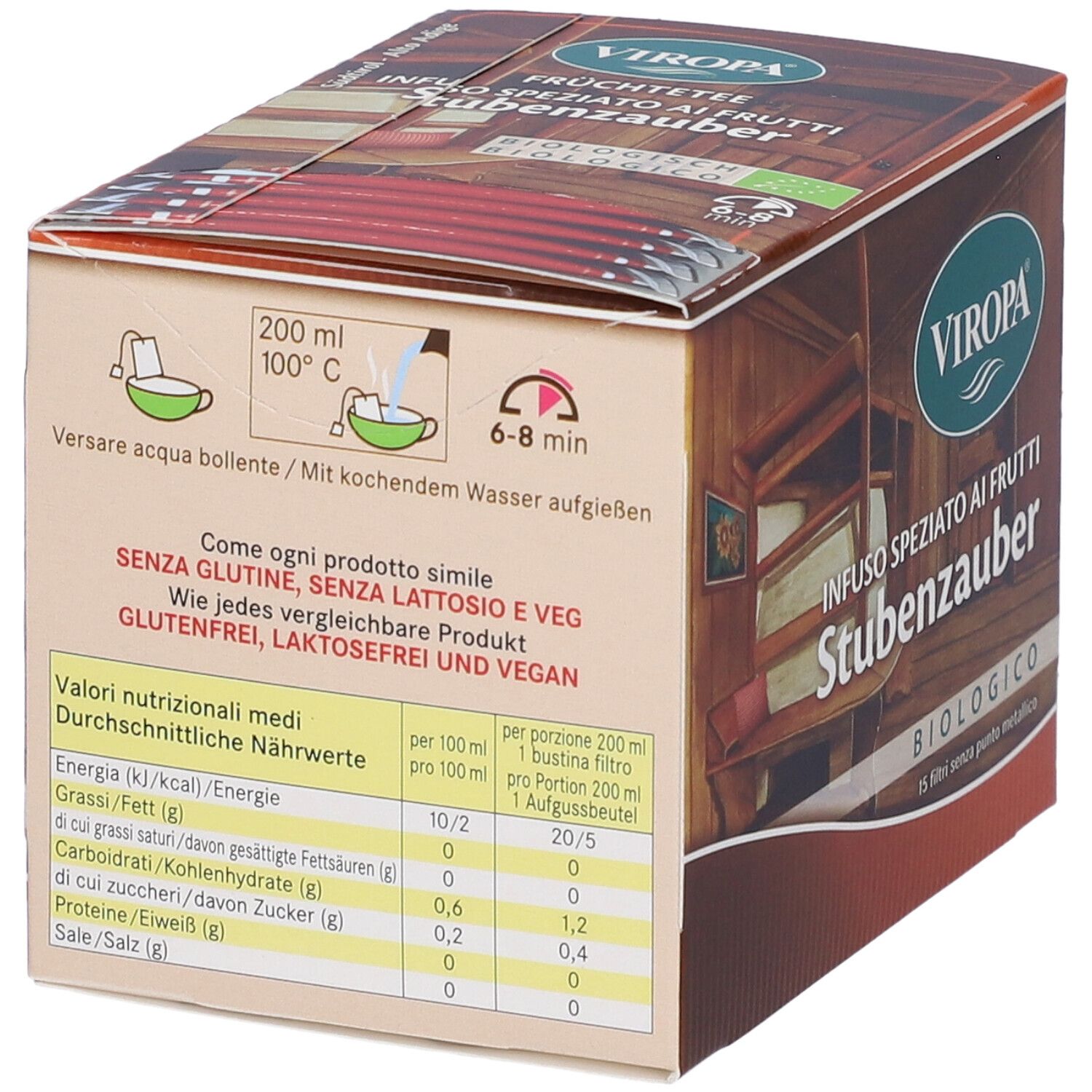 Scatola con tabella nutrizionale. Scritta: VIROPA, Infuso Speziato ai Frutti Stubenzauber, biologico. Istruzioni per la preparazione. Senza glutine, lattosio, vegan.