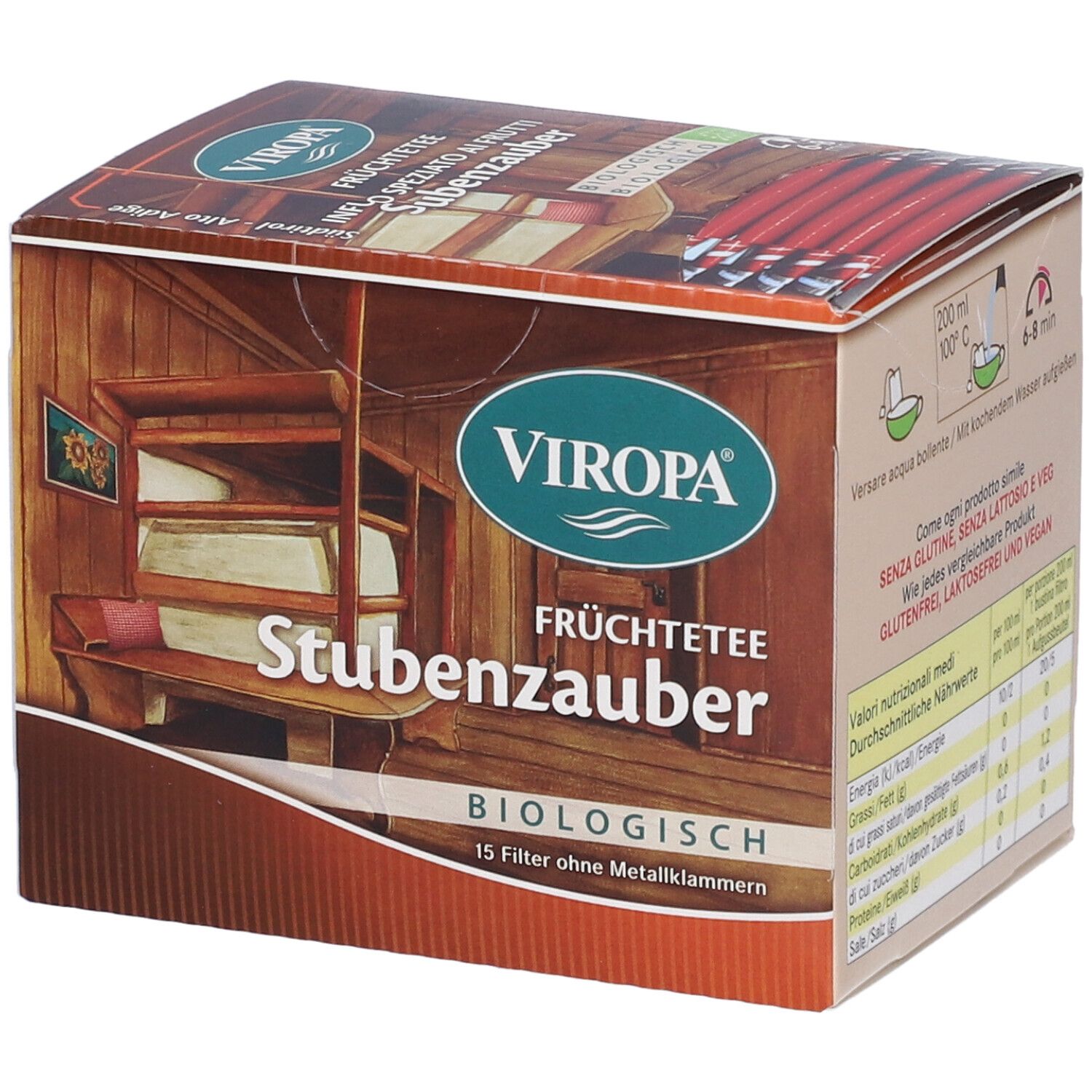 Scatola con stampa. Scritta: VIROPA, Früchtetee Stubenzauber, biologico. 15 filtri senza punti metallici. Logo bio UE. Istruzioni per la preparazione.