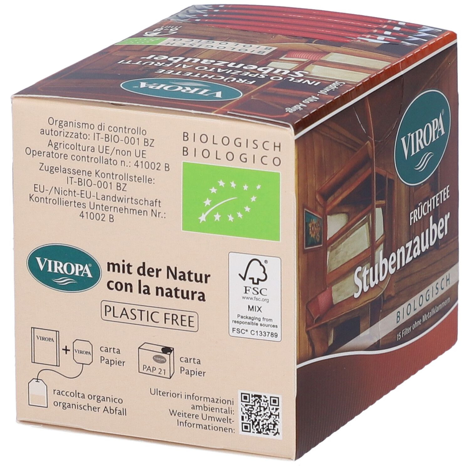 Scatola con stampa. Scritta: VIROPA, mit der Natur con la natura, senza plastica. Logo bio UE. Logo FSC. Informazioni sullo smaltimento.
