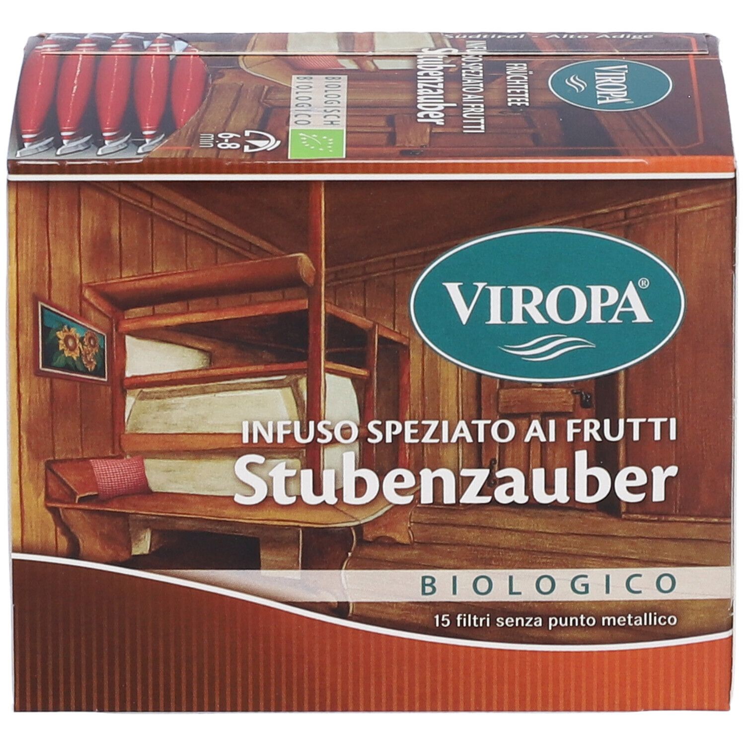 Scatola con stampa. Scritta: VIROPA, Infuso Speziato ai Frutti Stubenzauber, biologico. 15 filtri senza punto metallico. Logo bio UE.