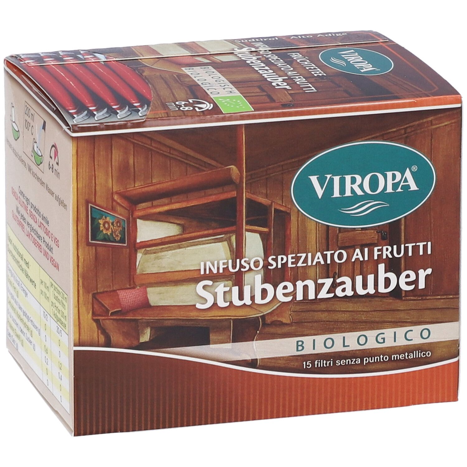 Scatola con stampa. Scritta: VIROPA, Infuso Speziato ai Frutti Stubenzauber, biologico. 15 filtri senza punto metallico. Logo bio UE.