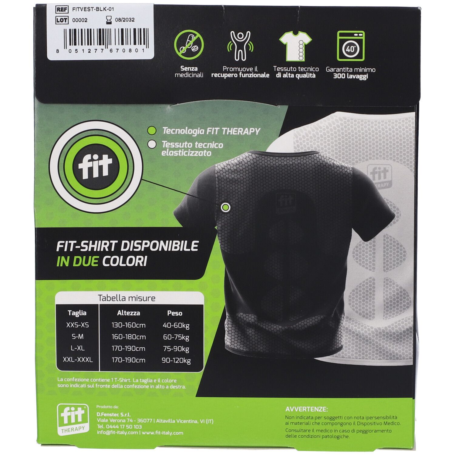 Retro della confezione. T-shirt nera illustrata. Tabella taglie e pesi. Testo: Fit-Shirt disponibile in due colori.