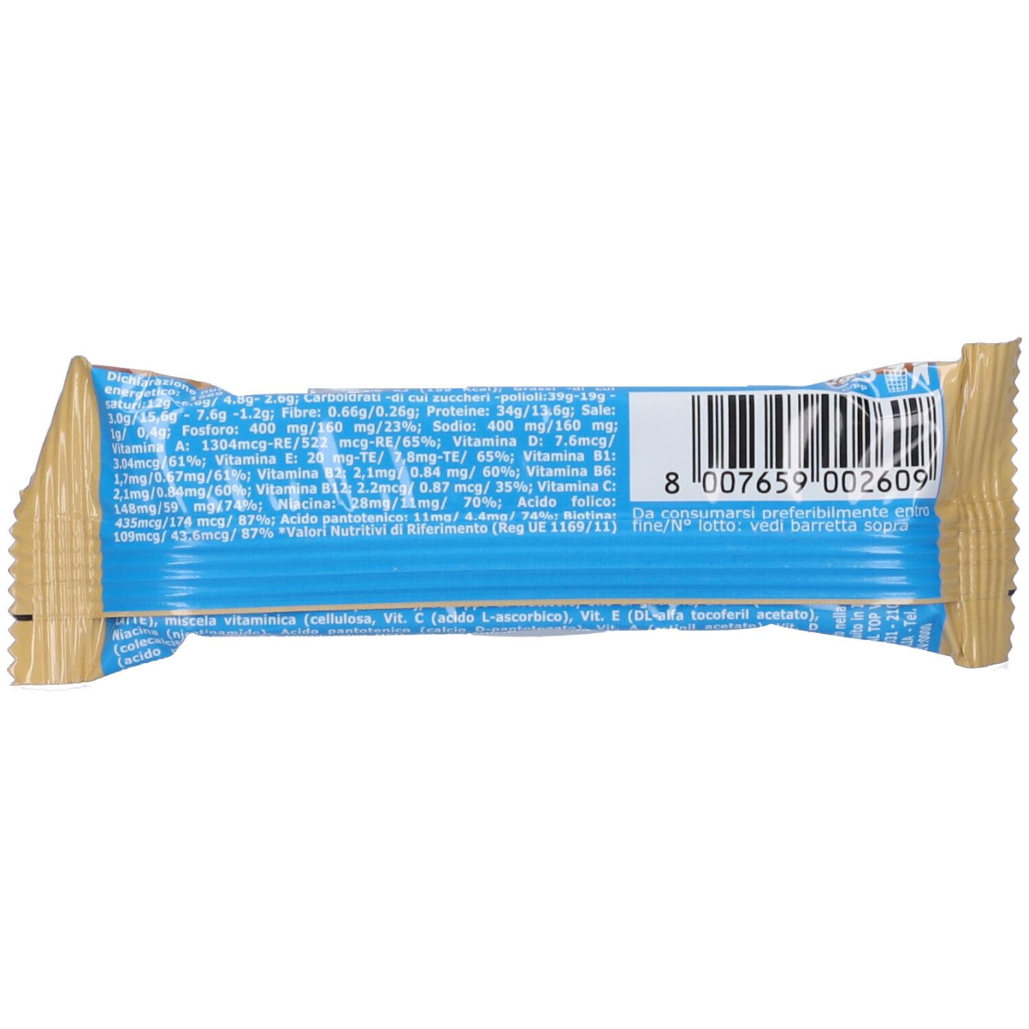Retro della confezione della barretta proteica. Contiene informazioni nutrizionali e codice a barre.