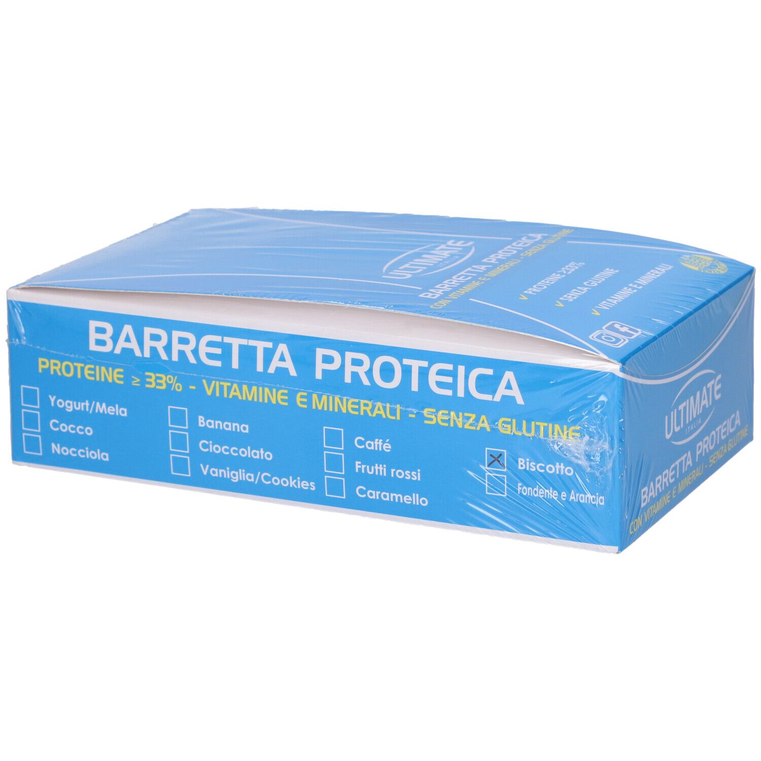 Scatola blu confezionata con opzioni di gusto: Yogurt/Mela, Banana, Caffè, Biscotto, ecc. 'Barretta Proteica' e 'Ultimate Italia'.
