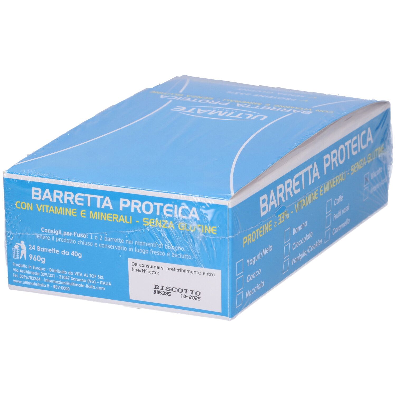 Scatola blu confezionata con 'Barretta Proteica', 'Ultimate Italia'. Contiene 24 barrette. Data di scadenza visibile.