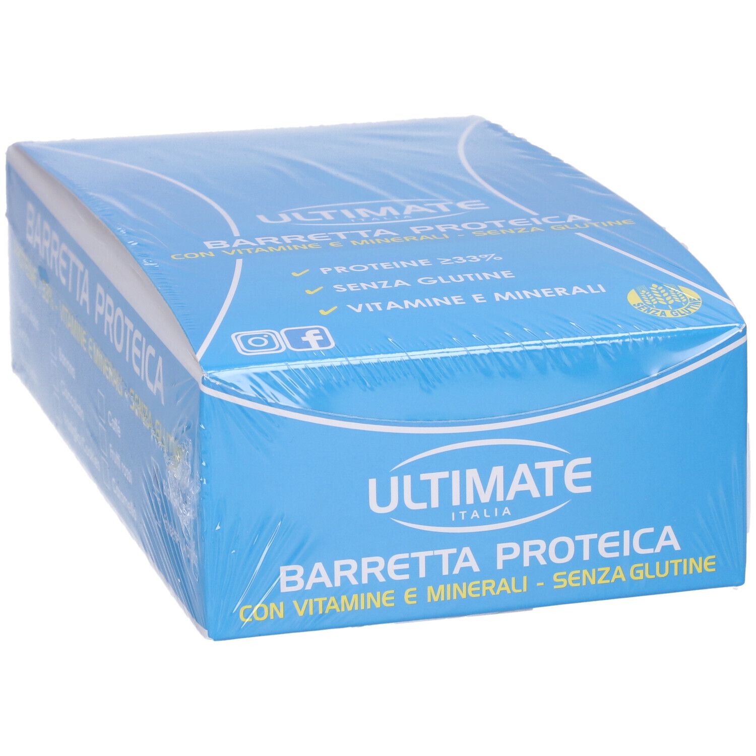 Scatola blu confezionata con 'Ultimate Italia' e 'Barretta Proteica'. Contiene proteine, vitamine e minerali. Senza glutine.