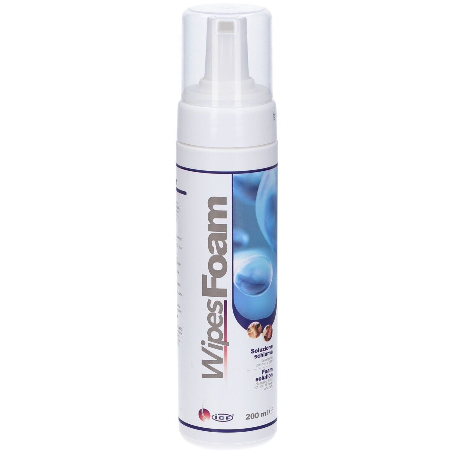 Flacone di schiuma bianco con pompa. Scritta: Wipes Foam, 200 ml.