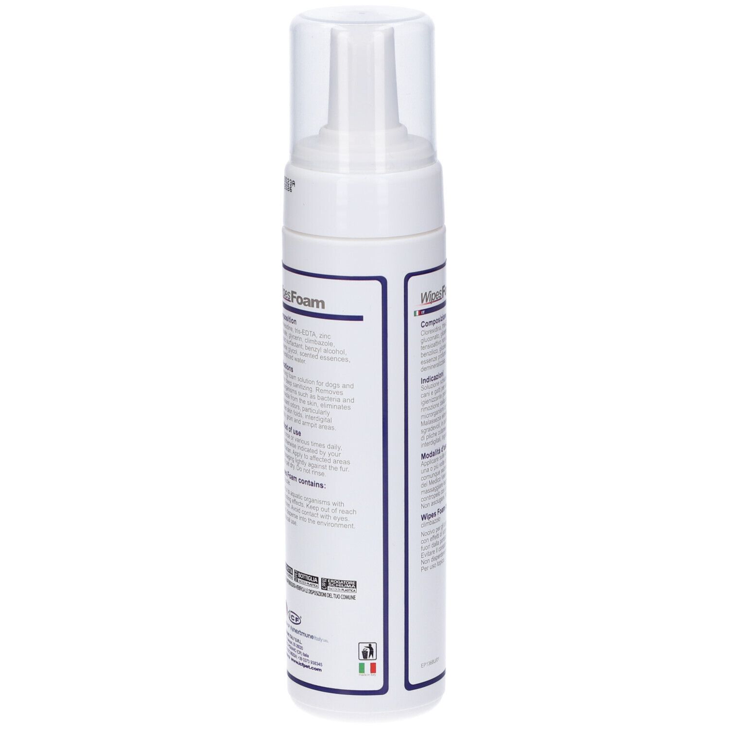 Flacone di schiuma bianco con pompa. Testo: Composizione, Indicazioni, Modo d'uso.