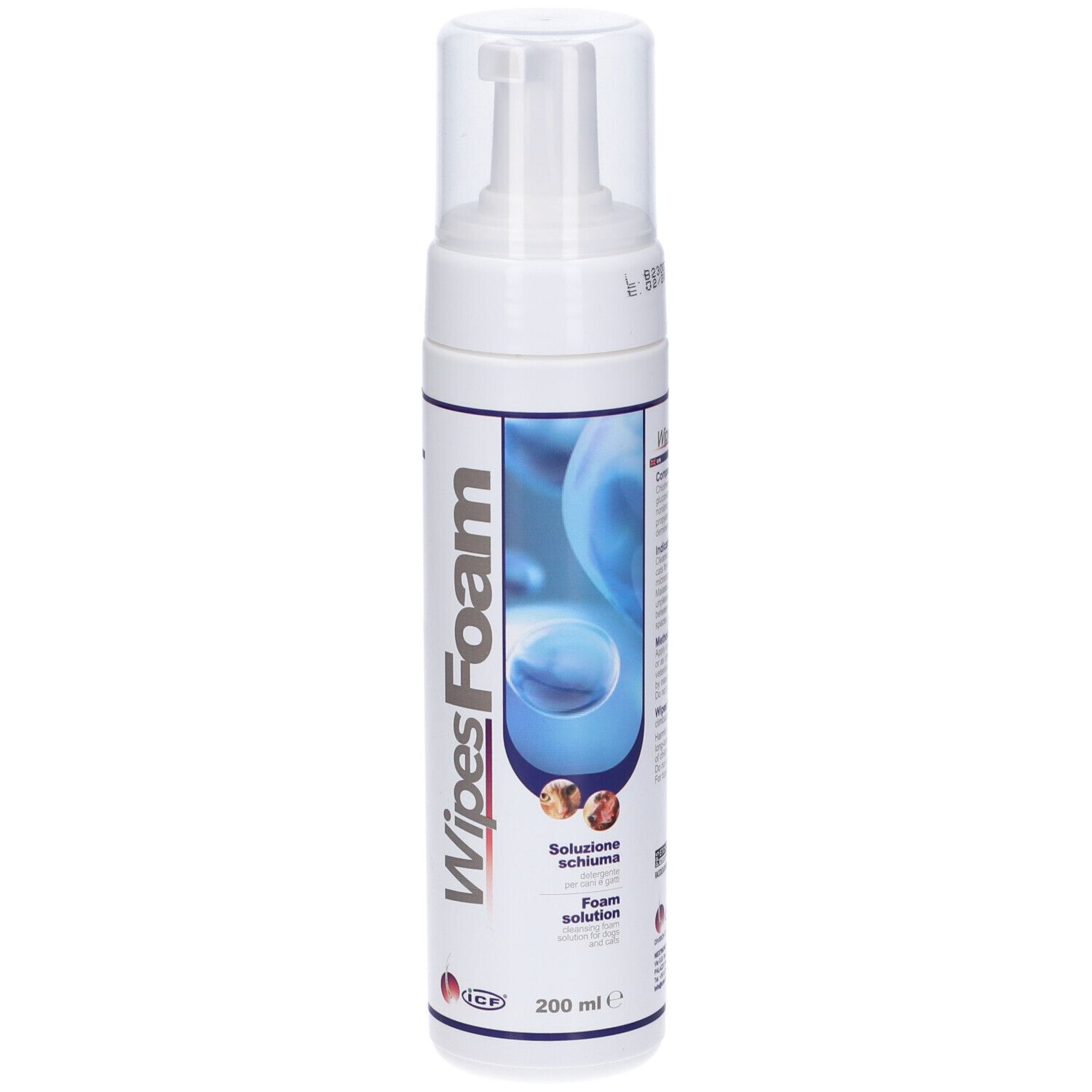 Flacone di schiuma bianco con pompa. Scritta: Wipes Foam, 200 ml.